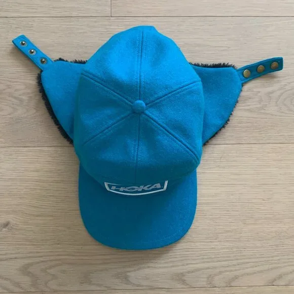 HOKA ONE ONE Wool Aviator Trapper Hat Blue Winter Ear Flap Ski Outdoor Cap - Picture 12 of 14